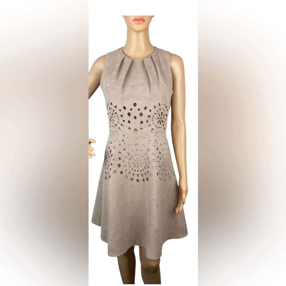 Calvin Klein Tan/Taupe Faux Suede Laser Cut Pleated Neck ALine Dress Size 8